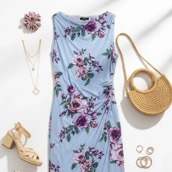 NWT Free People Always The One Mesh Midi Slip Dress S/P Blue Floral Ruched - Picture 7 of 9